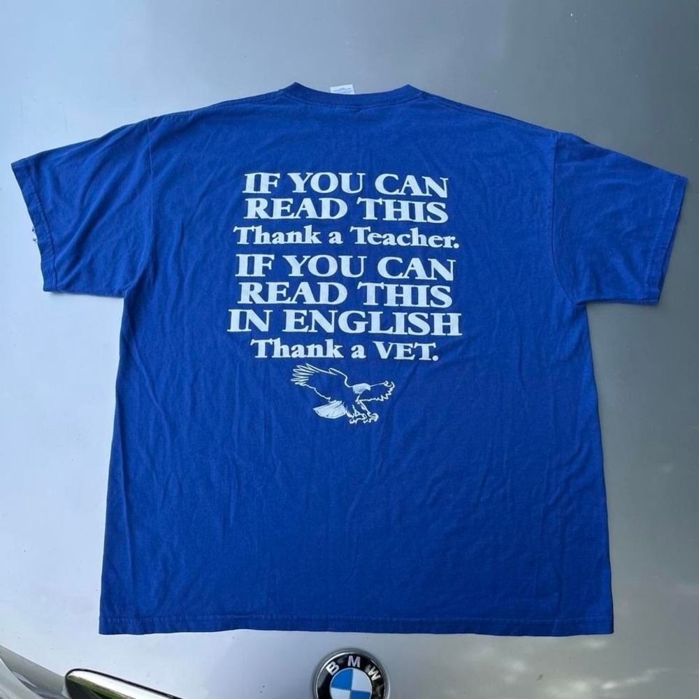 Blue and white Loreen's Village Cafe funny Veteran t-shirt streetwear veteran